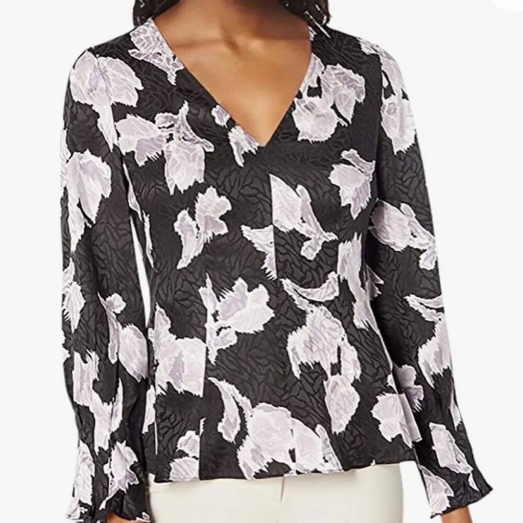 Rebecca Taylor Black Purple White Print V-Neck Long Sleeve Ikat Blossom Silk Top